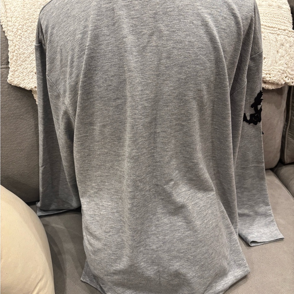 Beaded Embellished Floral Appliqué Crewneck Top - Gray with Black Accents - Picture 3 of 5